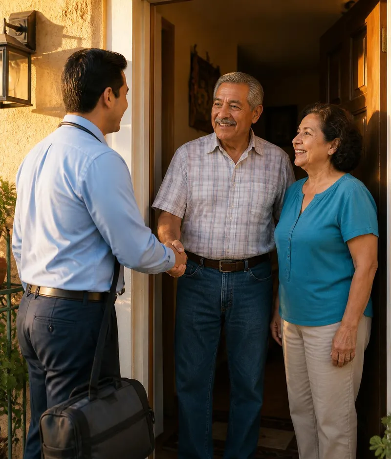 Doctor with medical bag greeting a senior couple at their front door