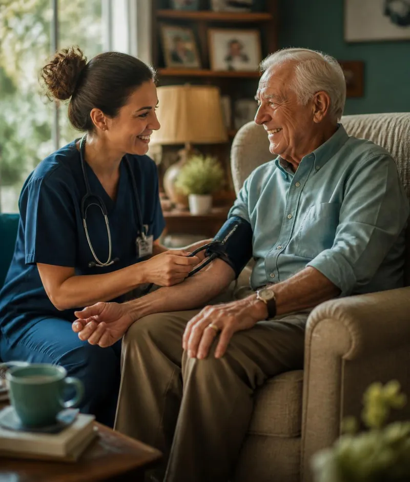 LifeCare Housecall clinician checking an elderly patient's blood pressure at home in Houston