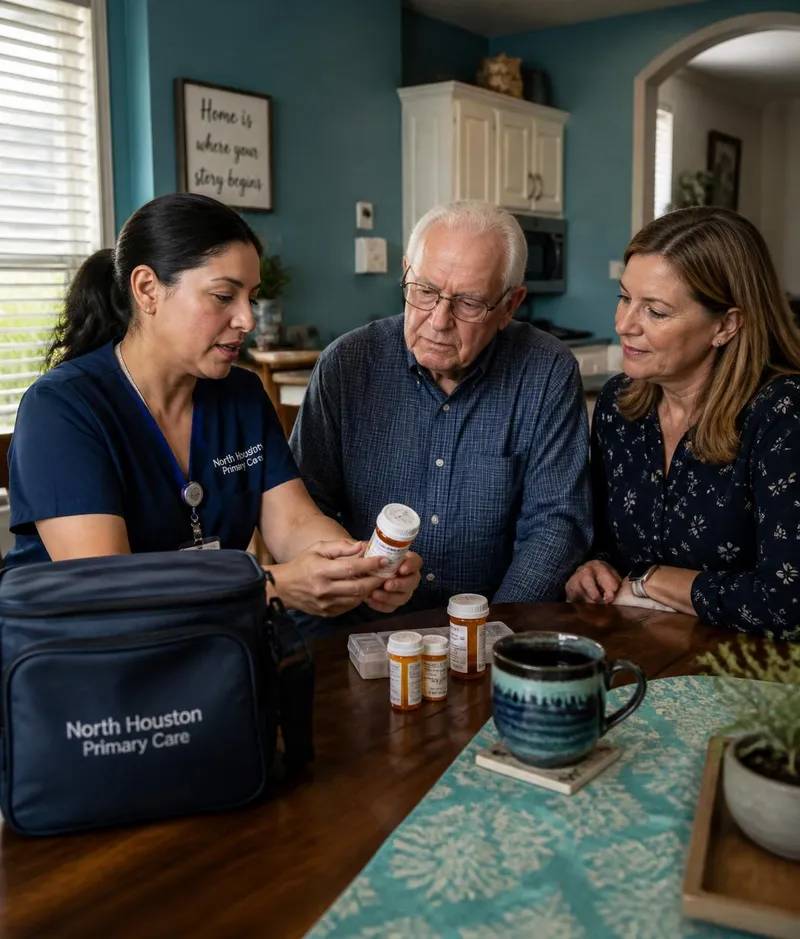 Nurse practitioner reviewing medications with a senior patient and his daughter