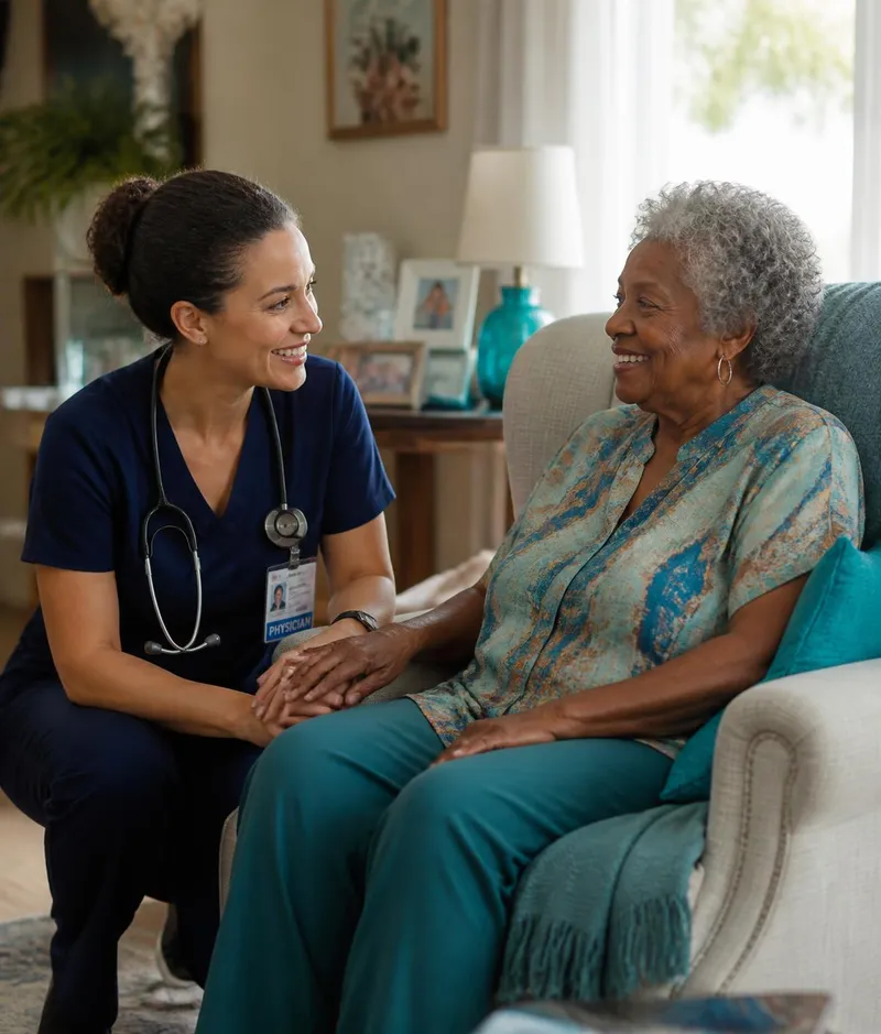 Clinician in navy scrubs speaking with a smiling senior patient in her living room